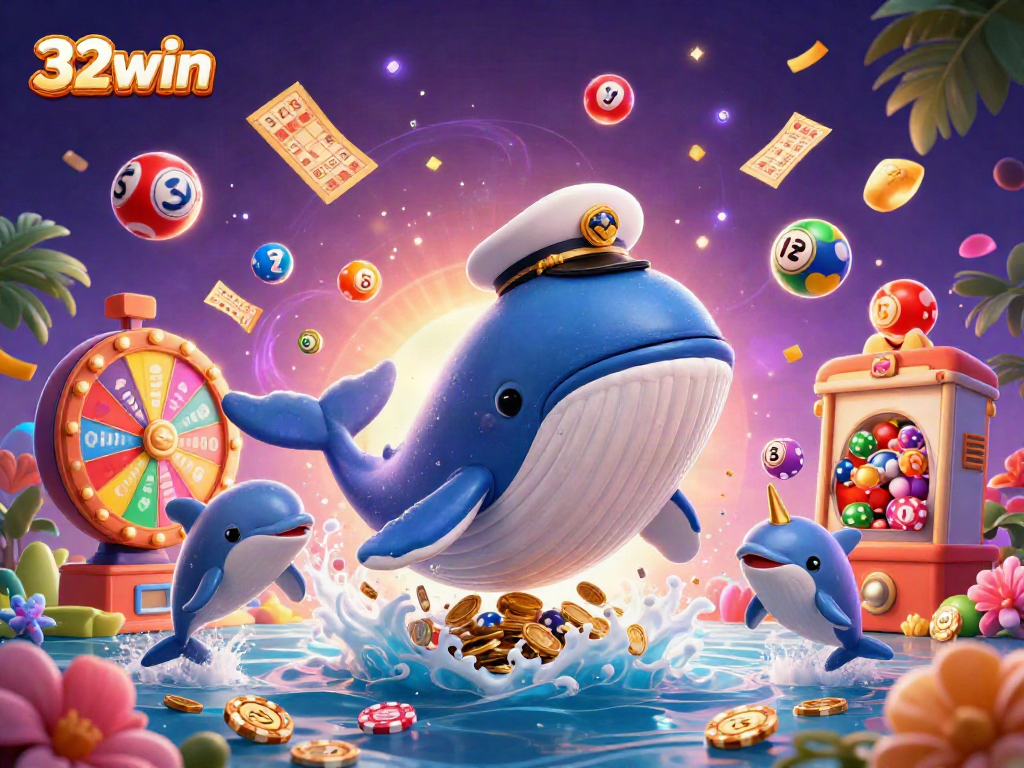Experience the excitement of 32win with our vibrant 3D illustration featuring a whale captain in a treasure sea.