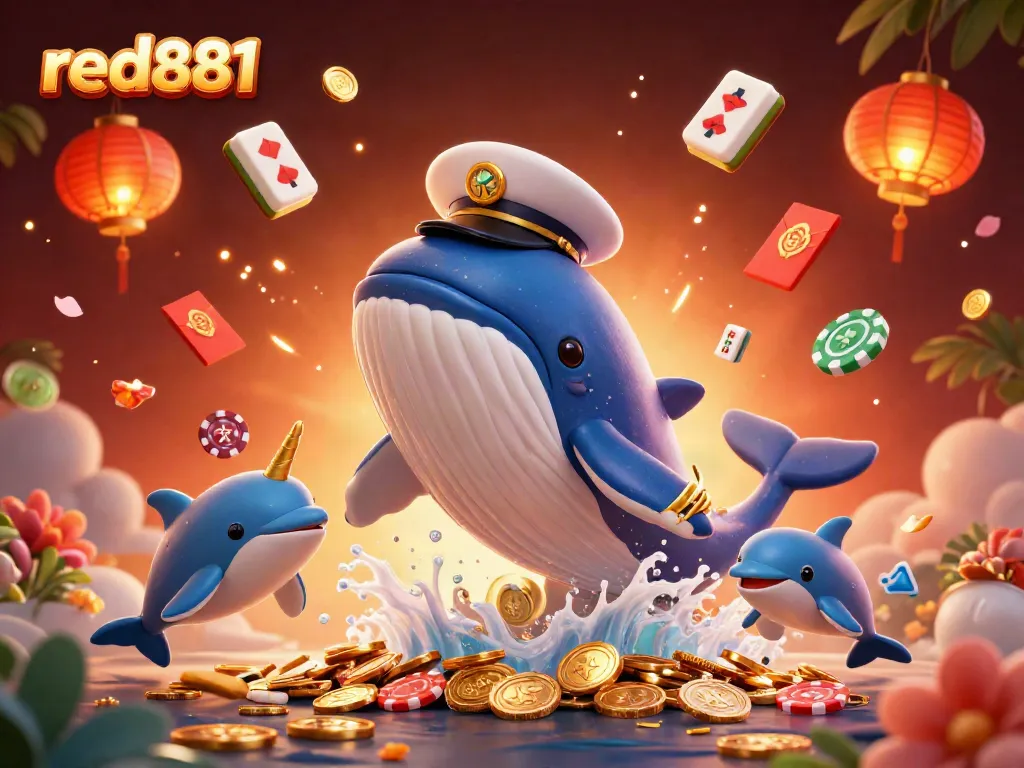 Engage with red881 as a vibrant ocean scene depicts a whale, narwhal, and dolphins celebrating in a casino of coins.