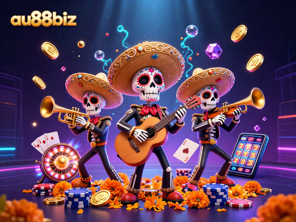 Join the exciting action at au88biz with colorful mariachi characters celebrating over vibrant casino elements.