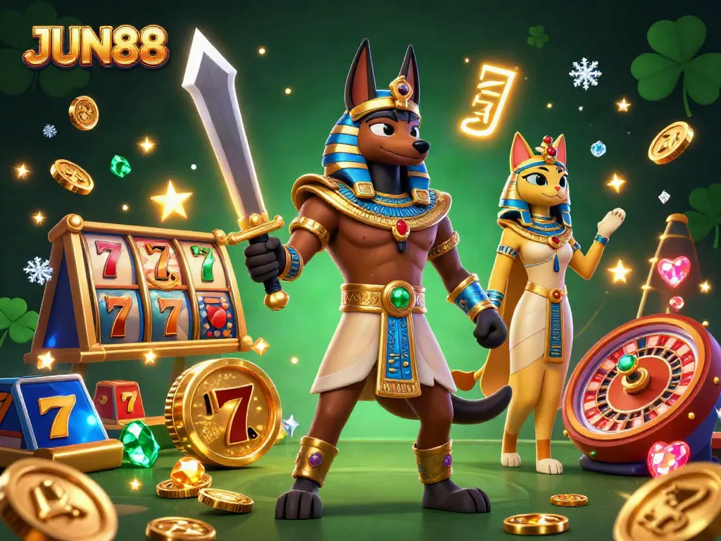 Experience thrilling gameplay at JUN88 with Anubis and Bastet surrounded by lively slot elements.
