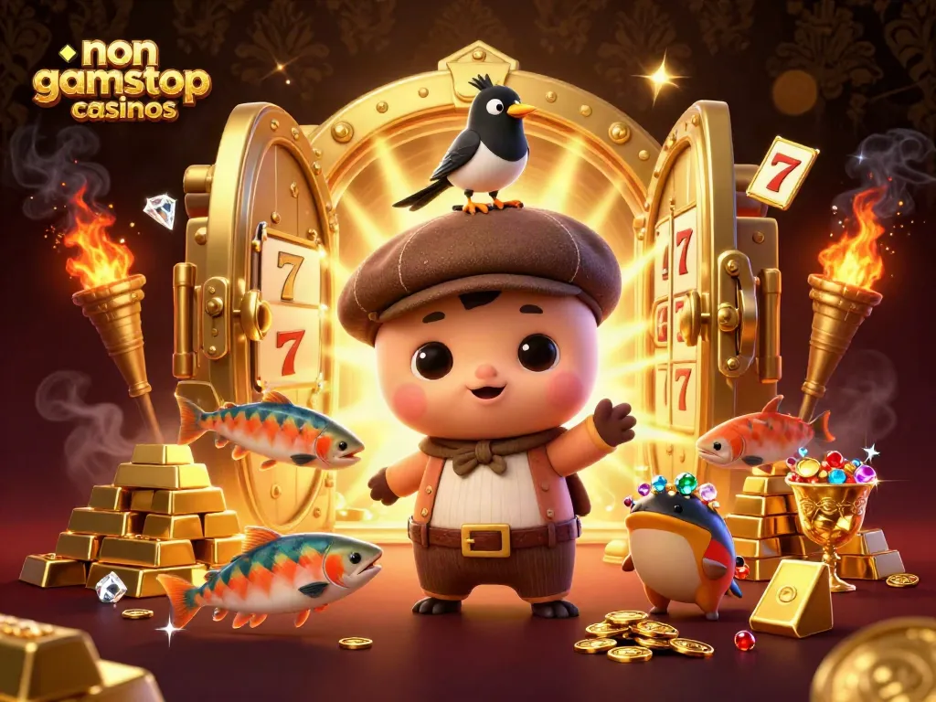 Experience the thrill of non gamstop casinos with a playful Nessie surrounded by gold and lucky slot symbols.