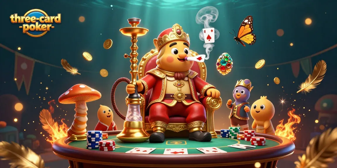 Experience thrilling gameplay in three-card-poker with vibrant illustrations of poker hands and characters.