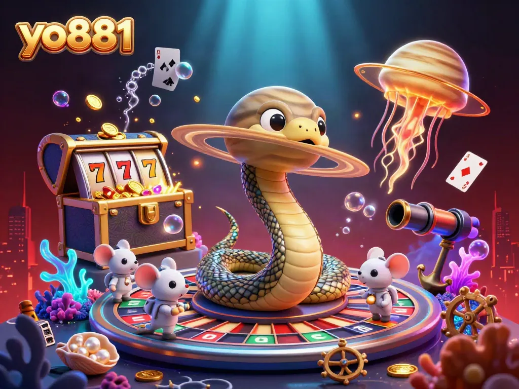 Experience thrilling bets at yo881 with astronaut mice and cosmic dealer, immersed in casino magic.