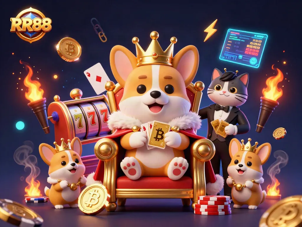 Experience the excitement of RR88 casino with a corgi royal surrounded by vibrant gaming elements.
