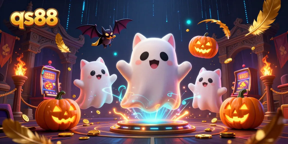 Experience the thrilling slots at qs88 in a haunted casino with glowing pumpkins and a friendly ghost cat.