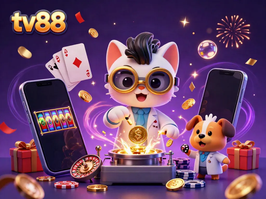 Experience the excitement of tv88 with a mad scientist cat and dog creating winning moments in a lively casino atmosphere.
