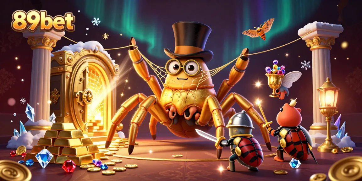 Experience the thrilling world of 89bet with a giant tarantula and beetle knight in a dynamic casino scene.