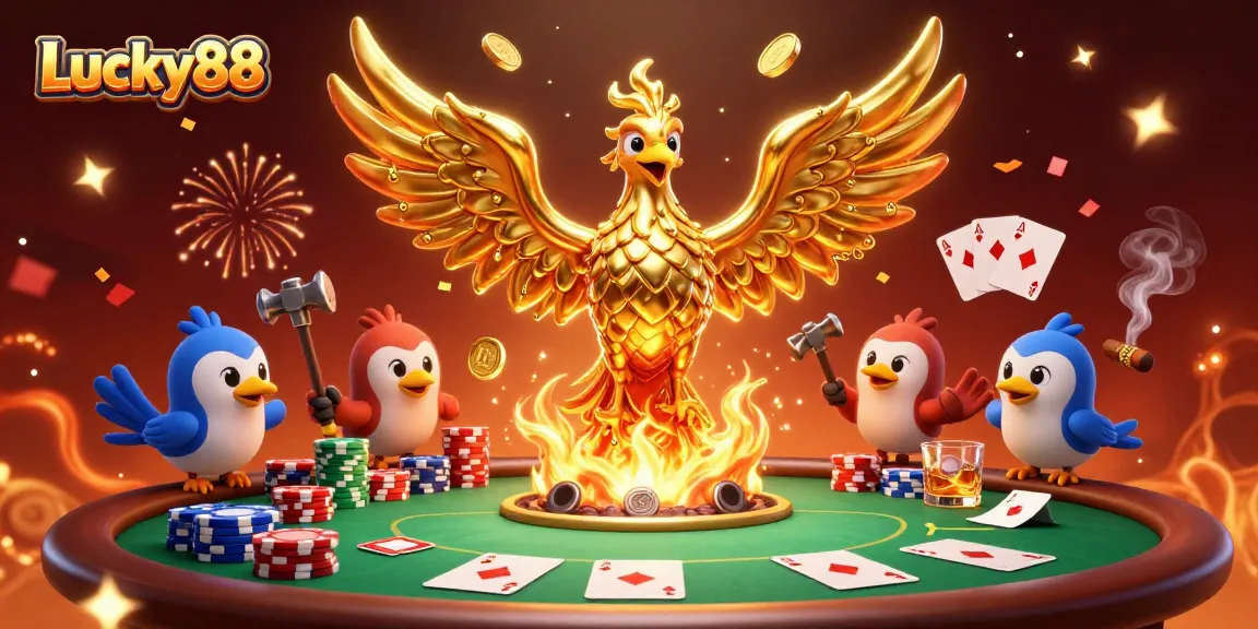 Experience Lucky88 with a vibrant scene showcasing a golden phoenix and poker elements, celebrating wins.