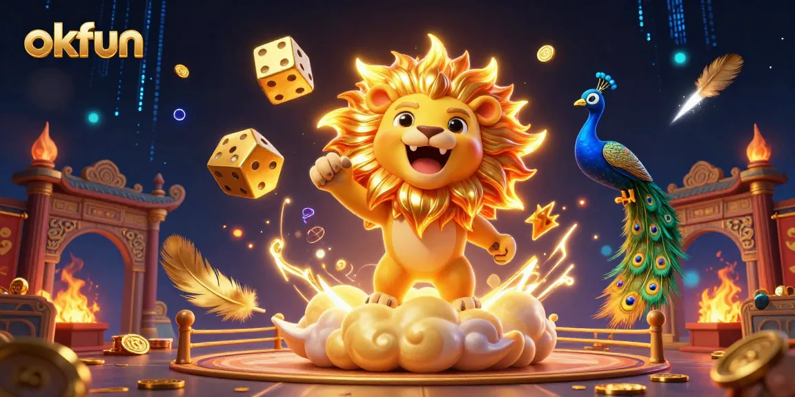 Experience thrilling luck with okfun and vibrant games in this ultra-detailed 3D casino illustration.