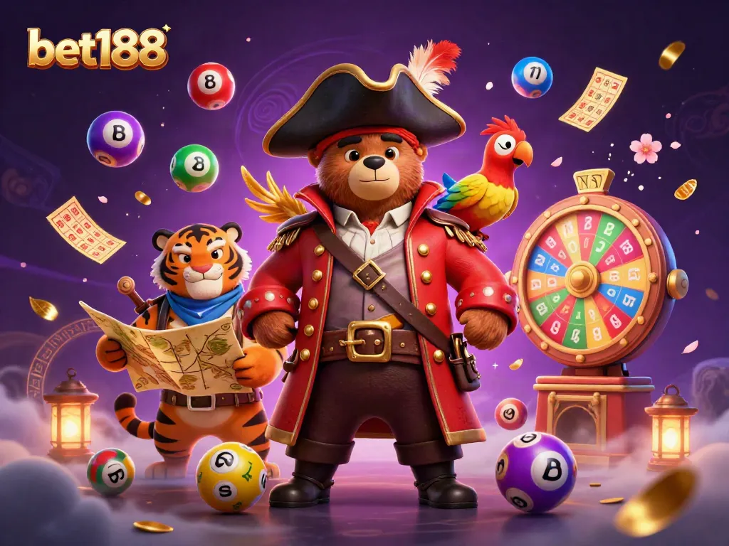Experience bet188 with a vibrant scene of casino excitement featuring colorful lottery elements.