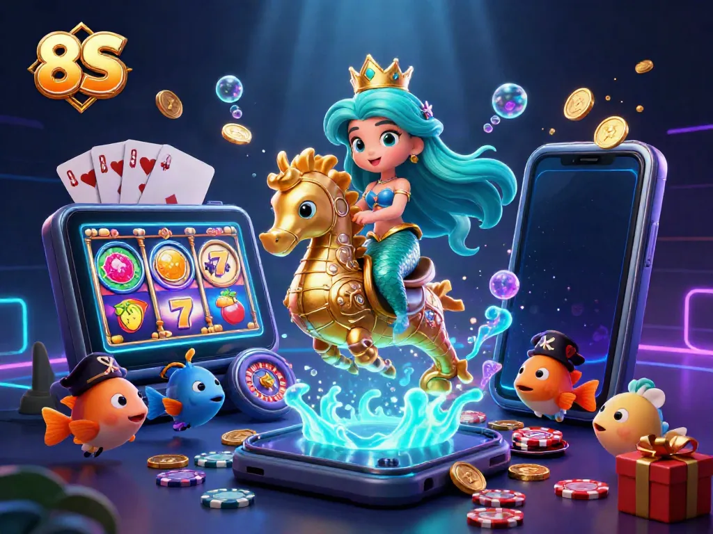Engage with vibrant slot games featuring 8S in an underwater casino realm, showcasing colorful characters.