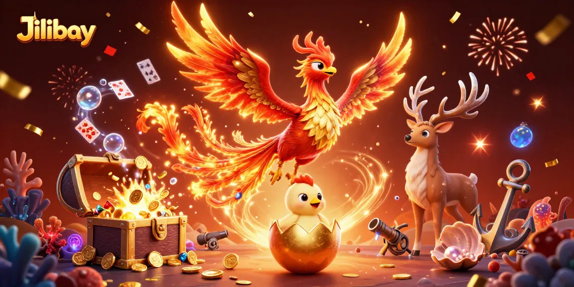 Experience Jilibay's vibrant gaming universe with a dynamic fire phoenix and a baby chick.