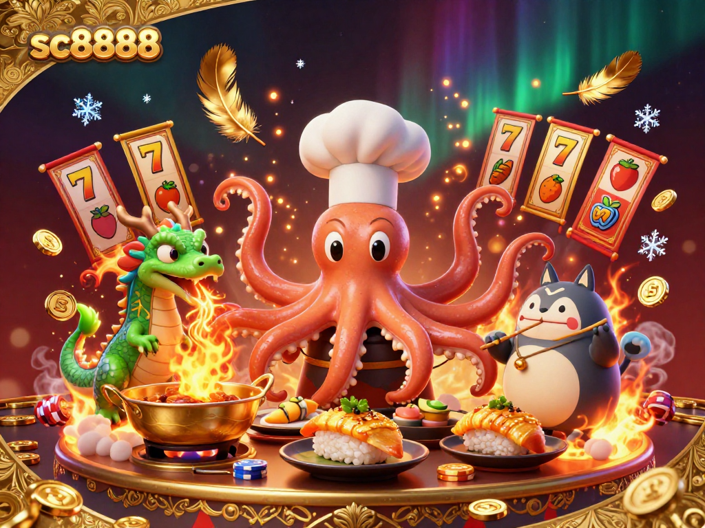 Experience the exciting world of sc8888 with a dynamic scene showcasing thrilling slot games and vibrant characters.