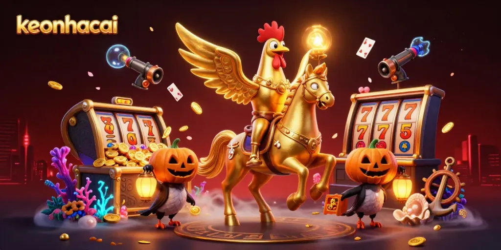 Experience keonhacai's dynamic casino world with golden rooster, spectral horse, and rich game elements.
