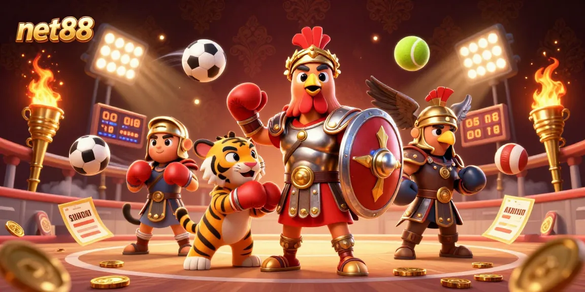 Experience net88's exciting betting world with a dynamic 3D illustration of gaming elements.
