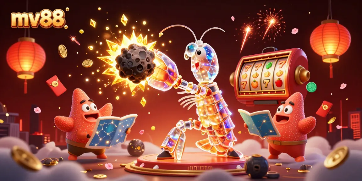 Spin the reels at mv88 with a galactic samurai shrimp amidst gold coins and fireworks.