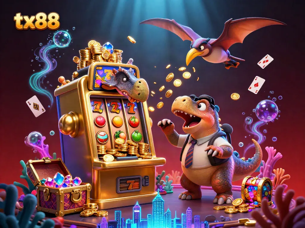 Experience the excitement of tx88 as a pachycephalosaurus interacts with a jackpot slot machine while golden coins rain down in this casino scene.