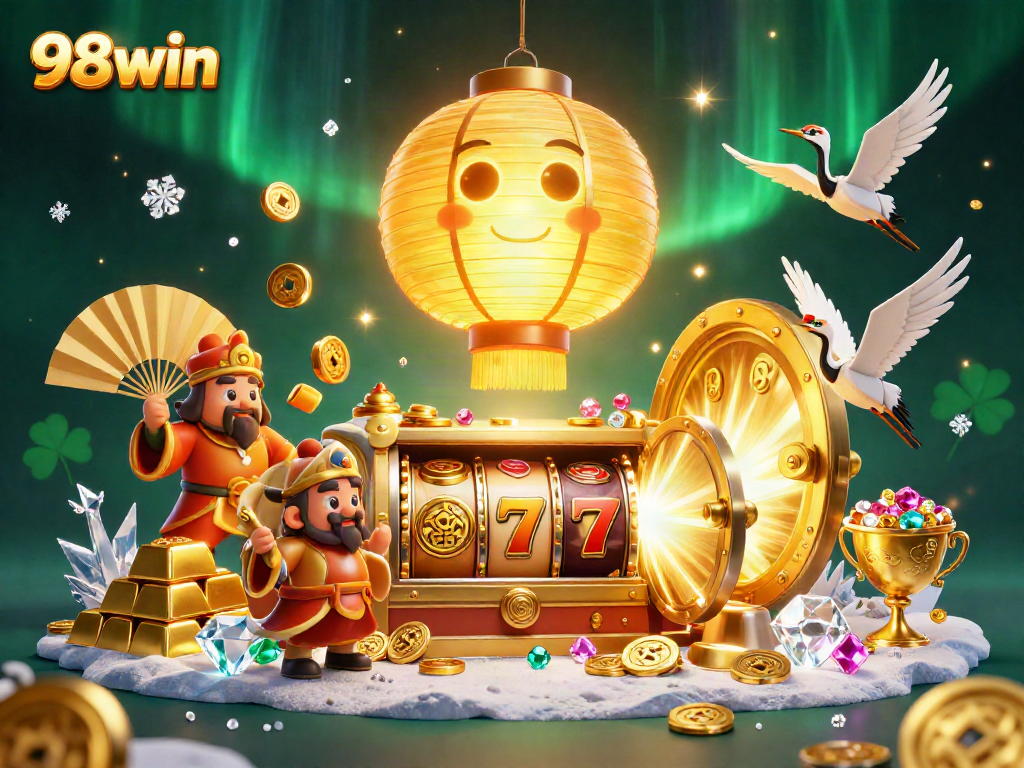 Engage with 98win's vibrant 3D casino scene featuring animated lucky symbols and golden treasures.