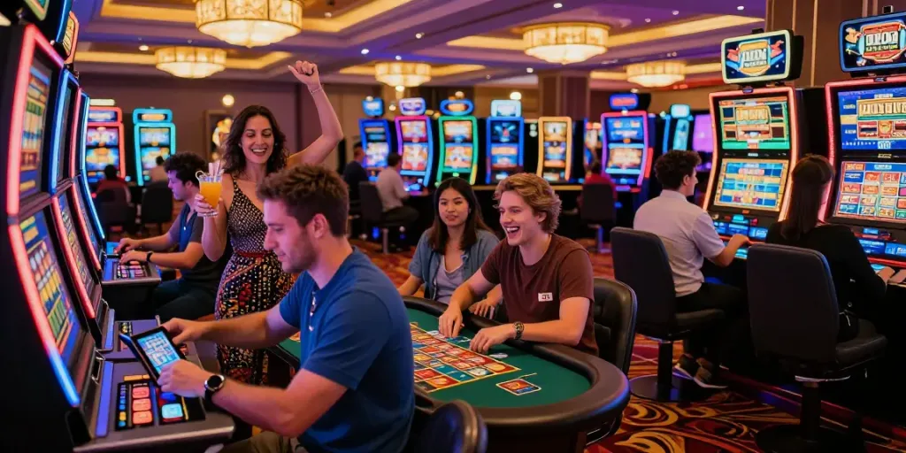 Engaged UK players enjoying games at vibrant USA casinos, showcasing excitement and lively atmosphere.