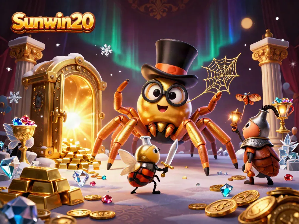 Experience thrilling action in Sunwin20, featuring a giant golden tarantula and vibrant casino elements.
