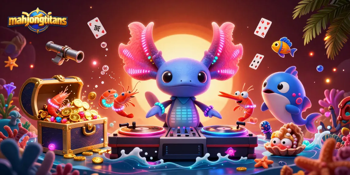 Play mahjongtitans with a vibrant underwater party scene, featuring a DJ axolotl and dancing marine life.