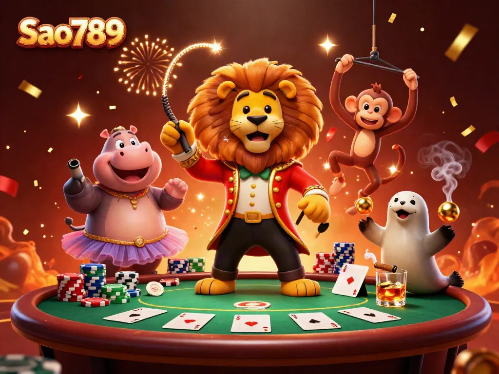 Engage in thrilling games at Sao789 with a vibrant circus-themed casino illustration.