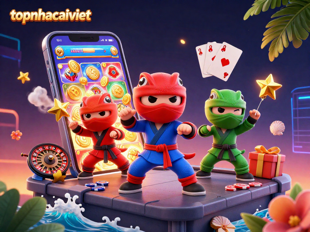 Engage with topnhacaiviet's vibrant online casino gaming scene featuring cartoon chameleons in action.
