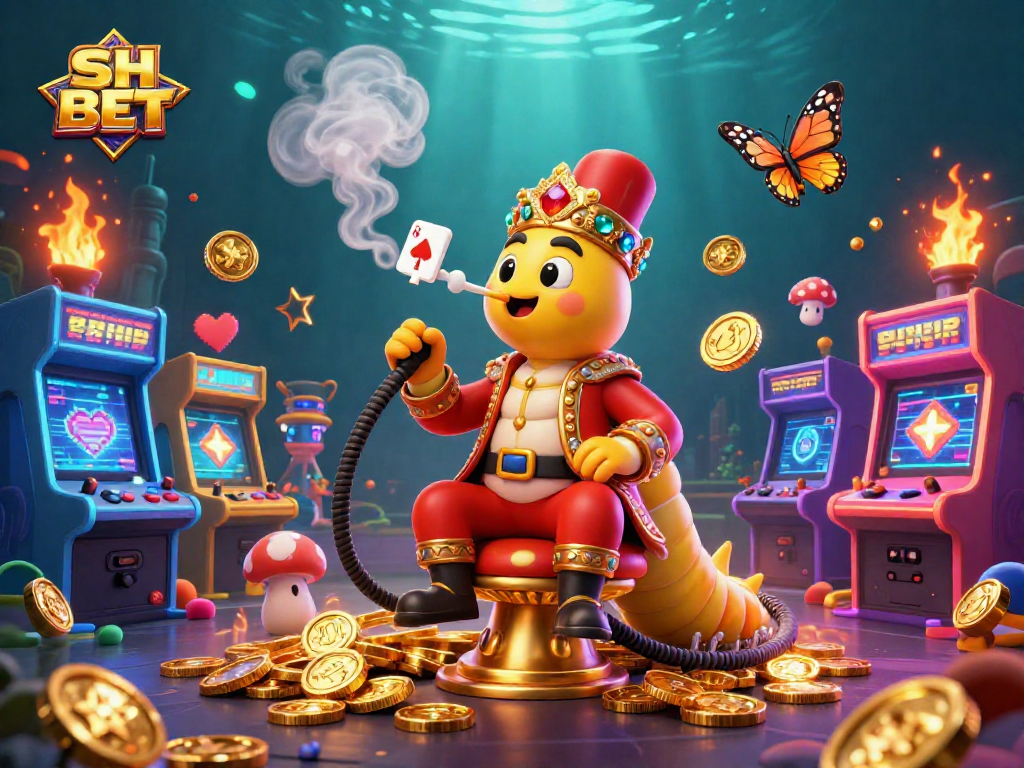 Join the fun with SH BET in a vibrant casino scene featuring colorful games and a dynamic caterpillar master.