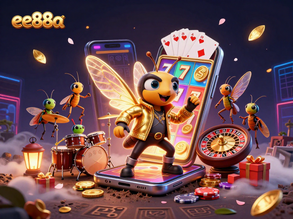 Play thrilling games at ee88a, featuring a rock star cicada and vibrant casino elements.