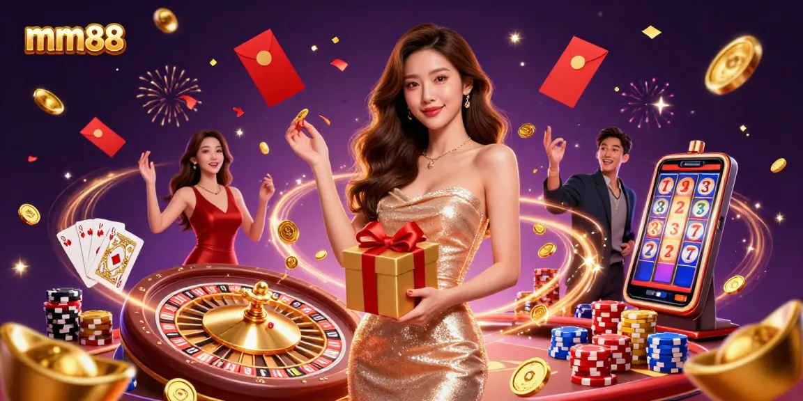 Experience the thrill of mm88 casino with a glamorous celebration scene featuring rich gaming elements and festive vibes.