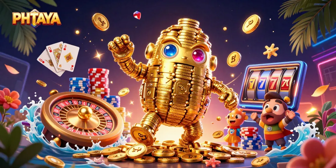 PHTAYA entertains with golden golem and vibrant casino elements in a dynamic 3D scene.