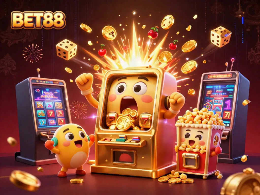 Winning with BET88's joyful slot machine scene bursting with coins and jackpots.