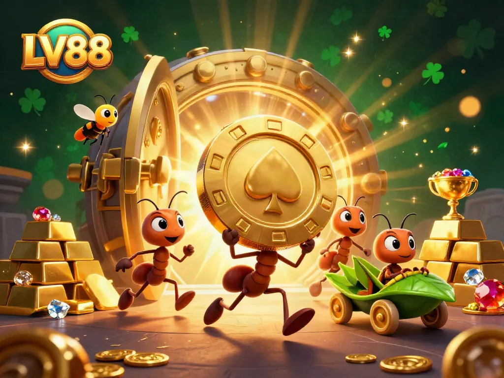 Engage with LV88's thrilling gaming adventure as 3D ants heist golden poker chips surrounded by treasures.