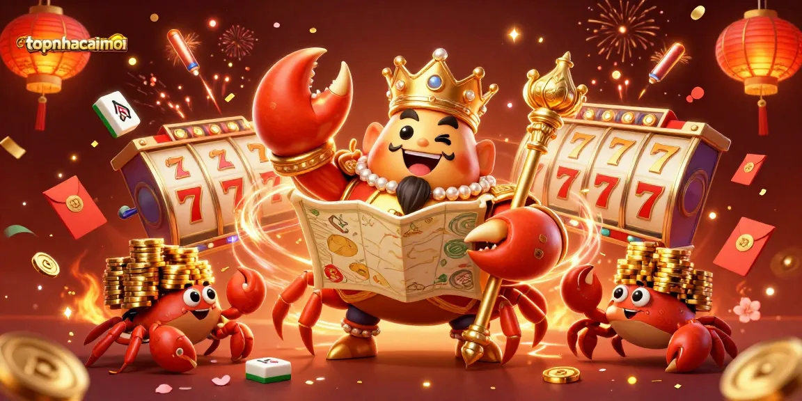 topnhacaimoi celebrates a 3D casino scene with a golden crab emperor, slot reels, and festive elements