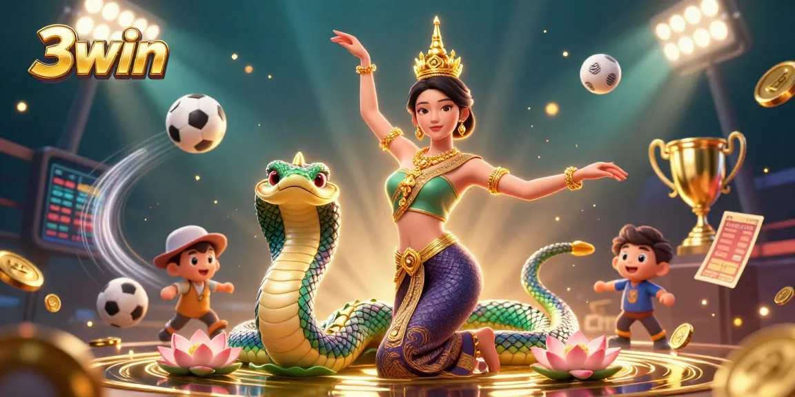 3win showcasing an energetic scene with a Thai dancer, Naga serpent, and dynamic sports betting elements.