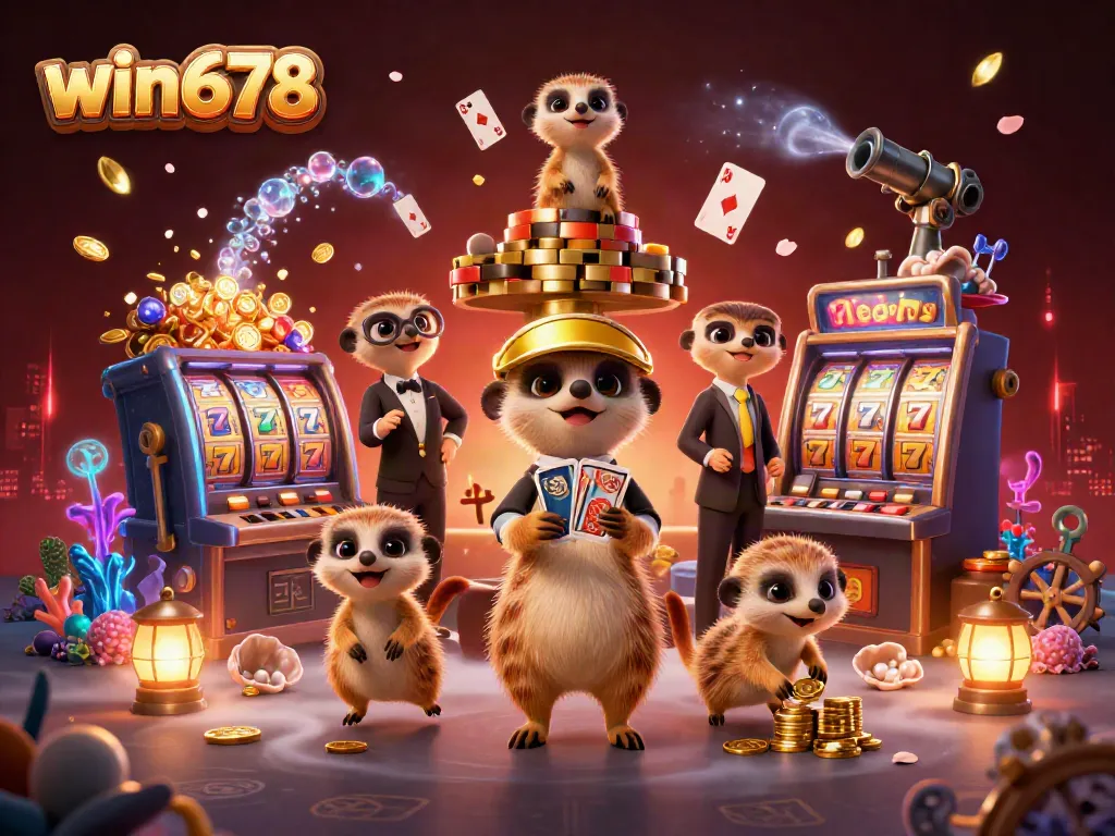 Experience the vibrant win678 casino world with animated meerkats enjoying slot games and treasure.