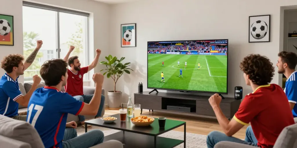 Socolive fans enjoying a live soccer match in a bright modern living room.
