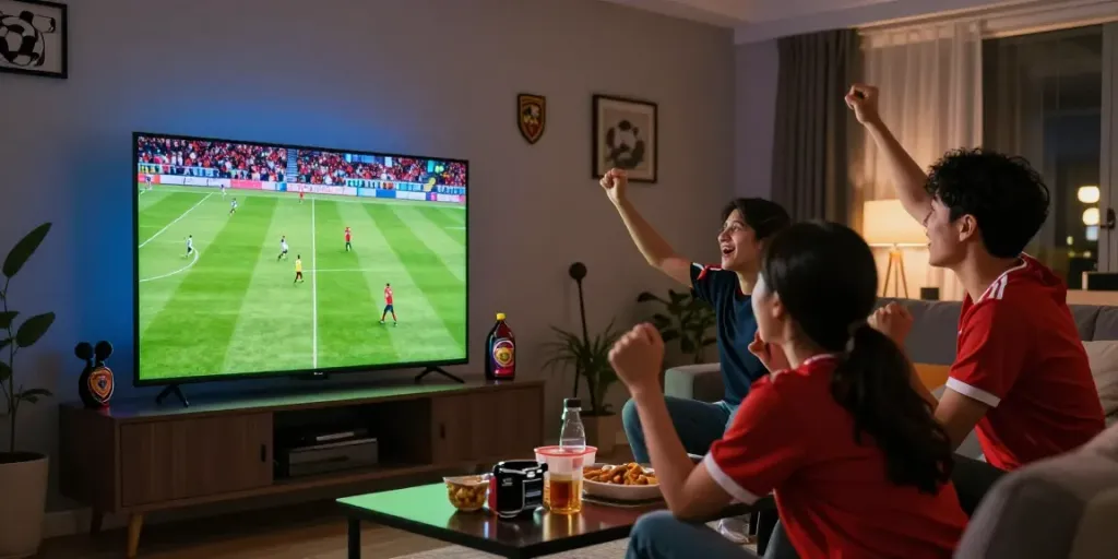 Cheering fans enjoying Gavangtv soccer live stream in a cozy living room during an exciting match.
