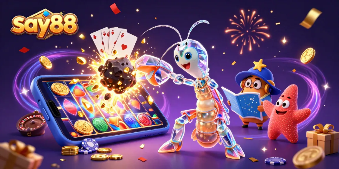 Immerse in the excitement of say88 as a galactic samurai strikes an asteroid, scattering gems in an animated casino scene.