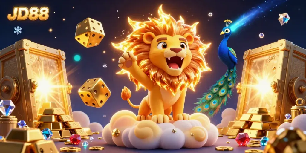 Experience the thrill of JD88 with a roaring sun lion amidst gold treasures and dynamic casino elements.