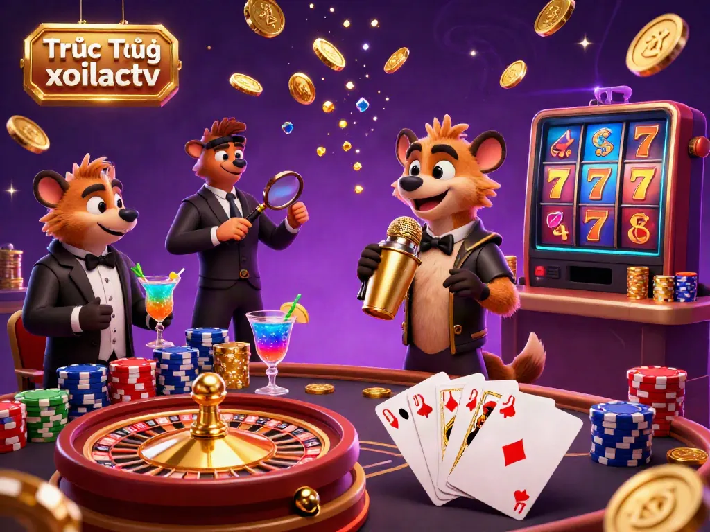 Experience the vibrant energy of Trực Tiếp xoilactv with hyena characters in a bustling casino scene.