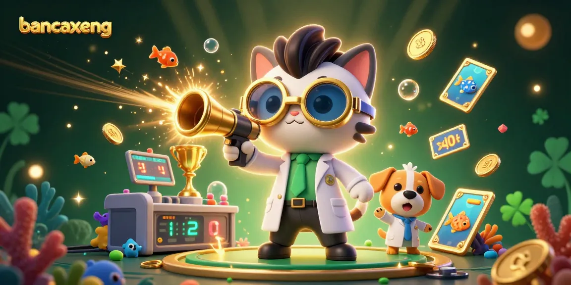 Bancaxeng game features an energetic scene with a mad scientist cat and dog creating a fish shooting cannon under the sea.