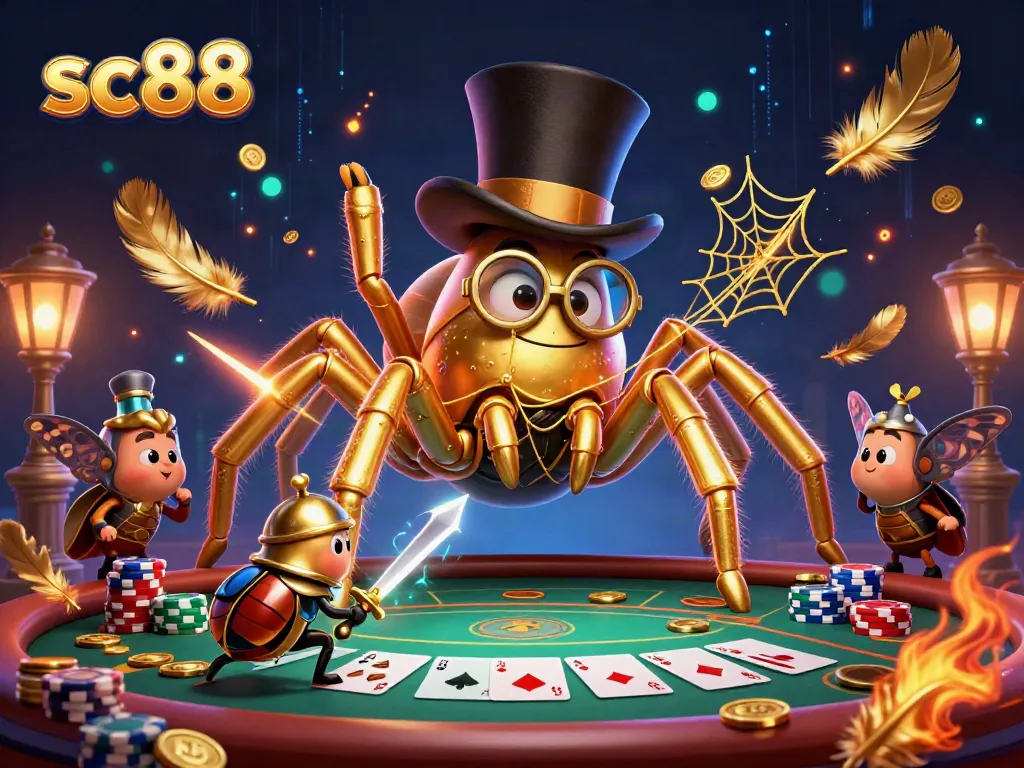 The sc88 scene showcases a dynamic casino atmosphere with characters engaging in poker, surrounded by gold and energy.