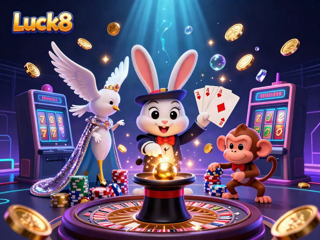 Luck8 offers winning gaming experiences with a vibrant illustration of thrilling gambling elements.