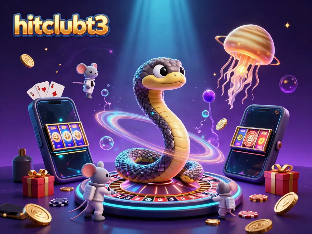 Experience gaming excitement with hitclubt3's 3D cosmic casino illustration featuring vibrant characters and action.