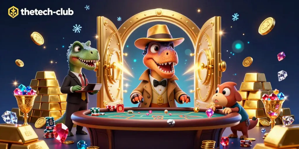 thetech-club showcases a playful dinosaur scene at a blackjack table, featuring fun characters and dazzling gems.