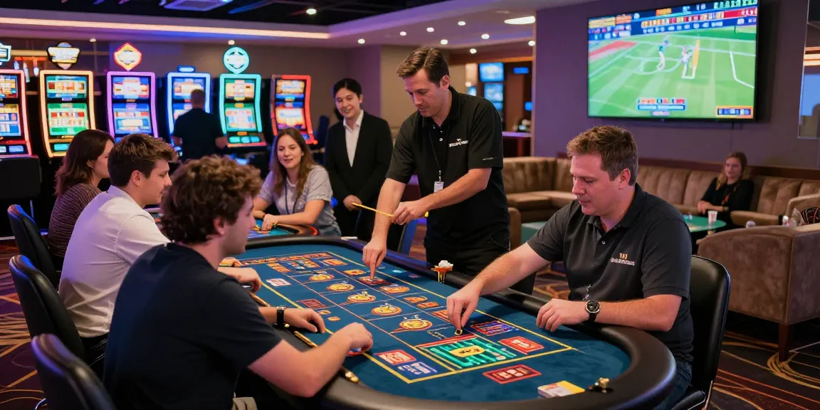 LUCK8 online gaming scene with players engaging at diverse gaming tables, vibrant atmosphere with digital displays.