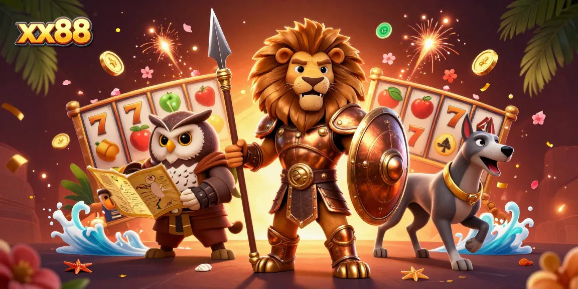 Experience excitement with xx88's vibrant casino scene filled with characters, slot reels, and festive elements.