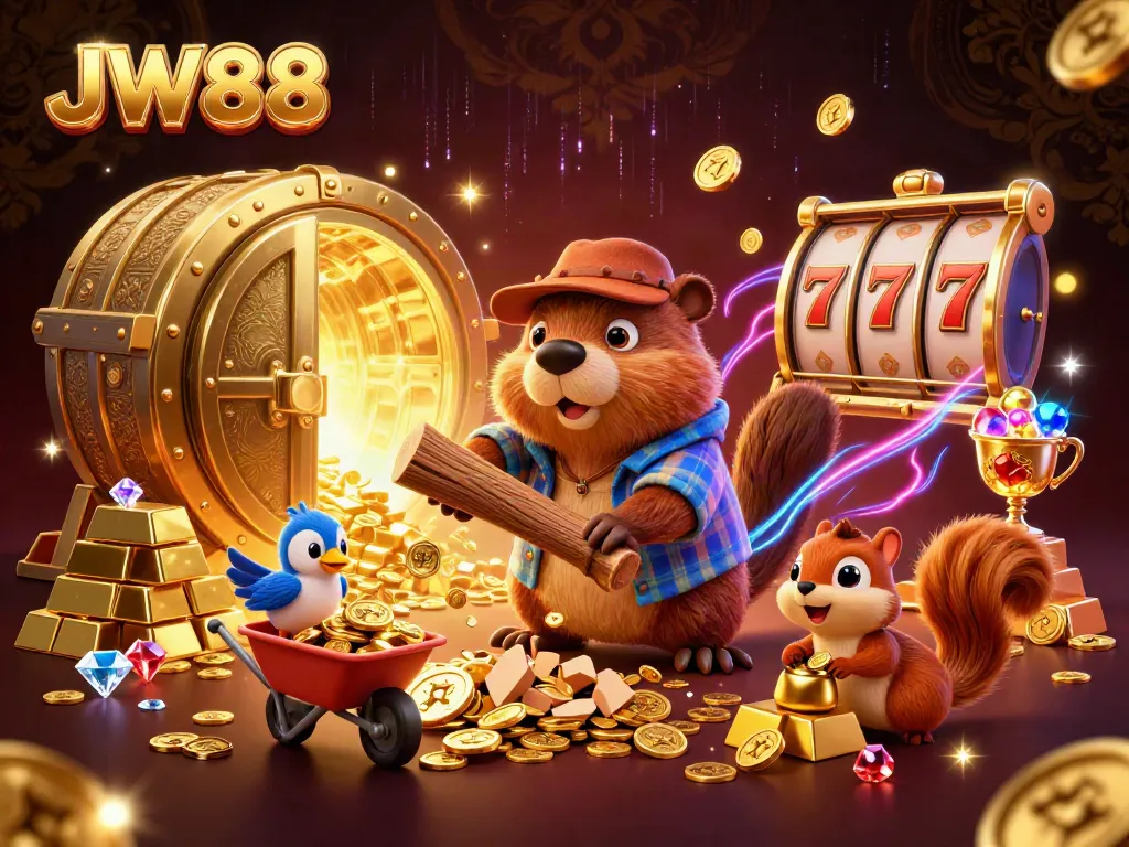 JW88 players enjoy jackpots as characters collect coins in a vibrant casino scene.