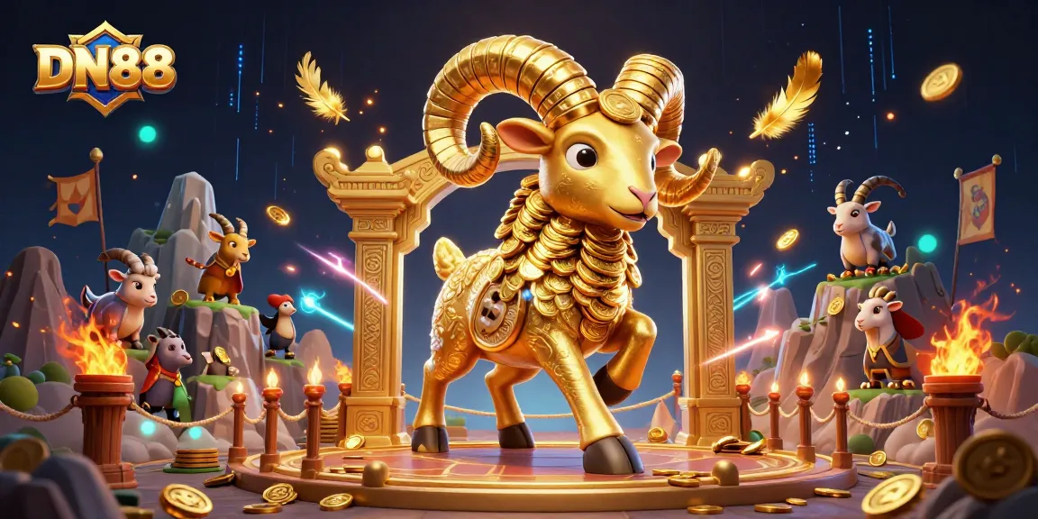 Experience the thrill of DN88 with a dynamic casino scene featuring a golden ram and mountain goats.